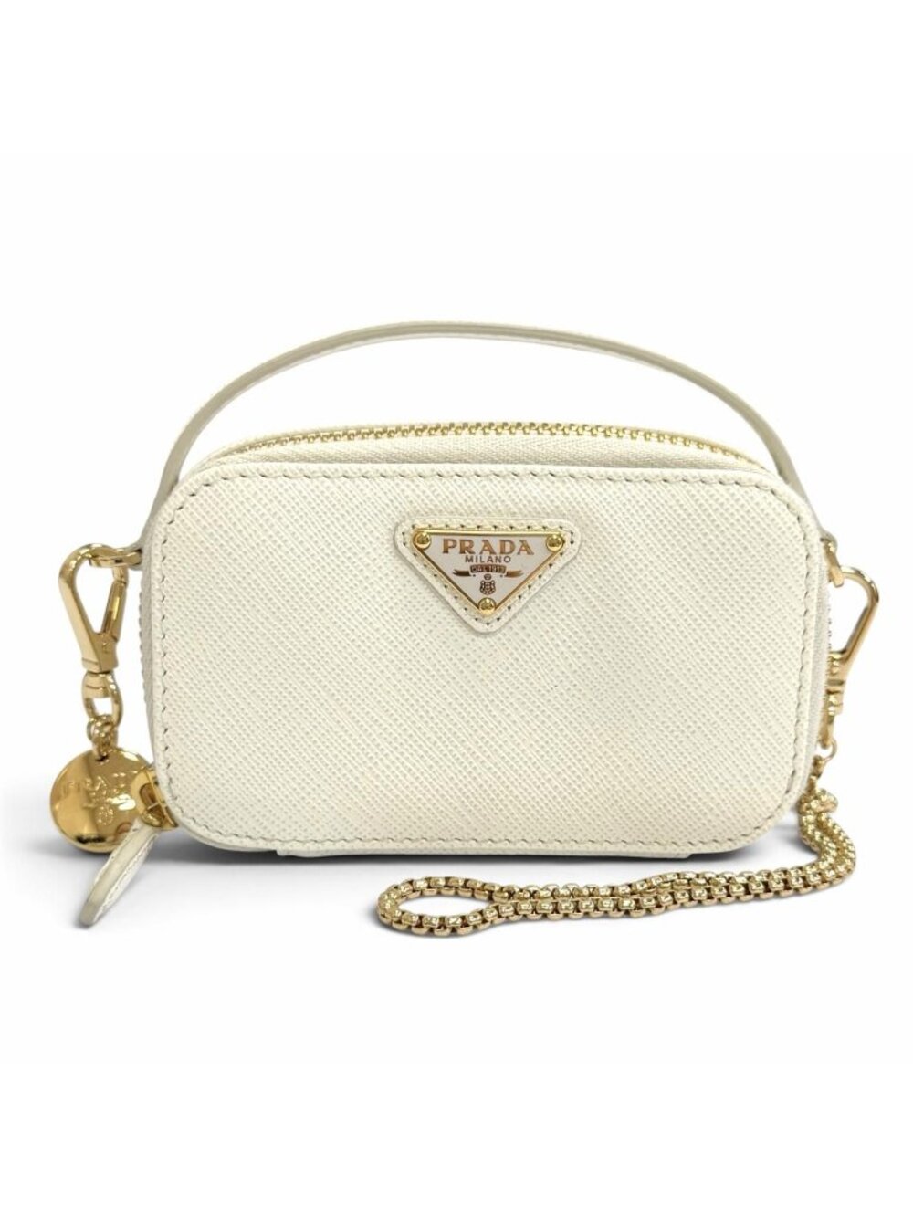 Prada Triangle Logo Saffiano Leather Chain Shoulder Mini Pouch White Gold